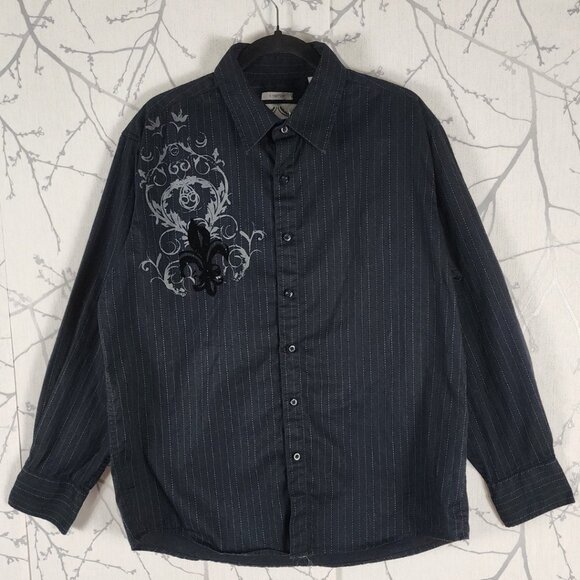 Bruno Black Striped Fleur De Lis Velour Print Shirt - Picture 1 of 4
